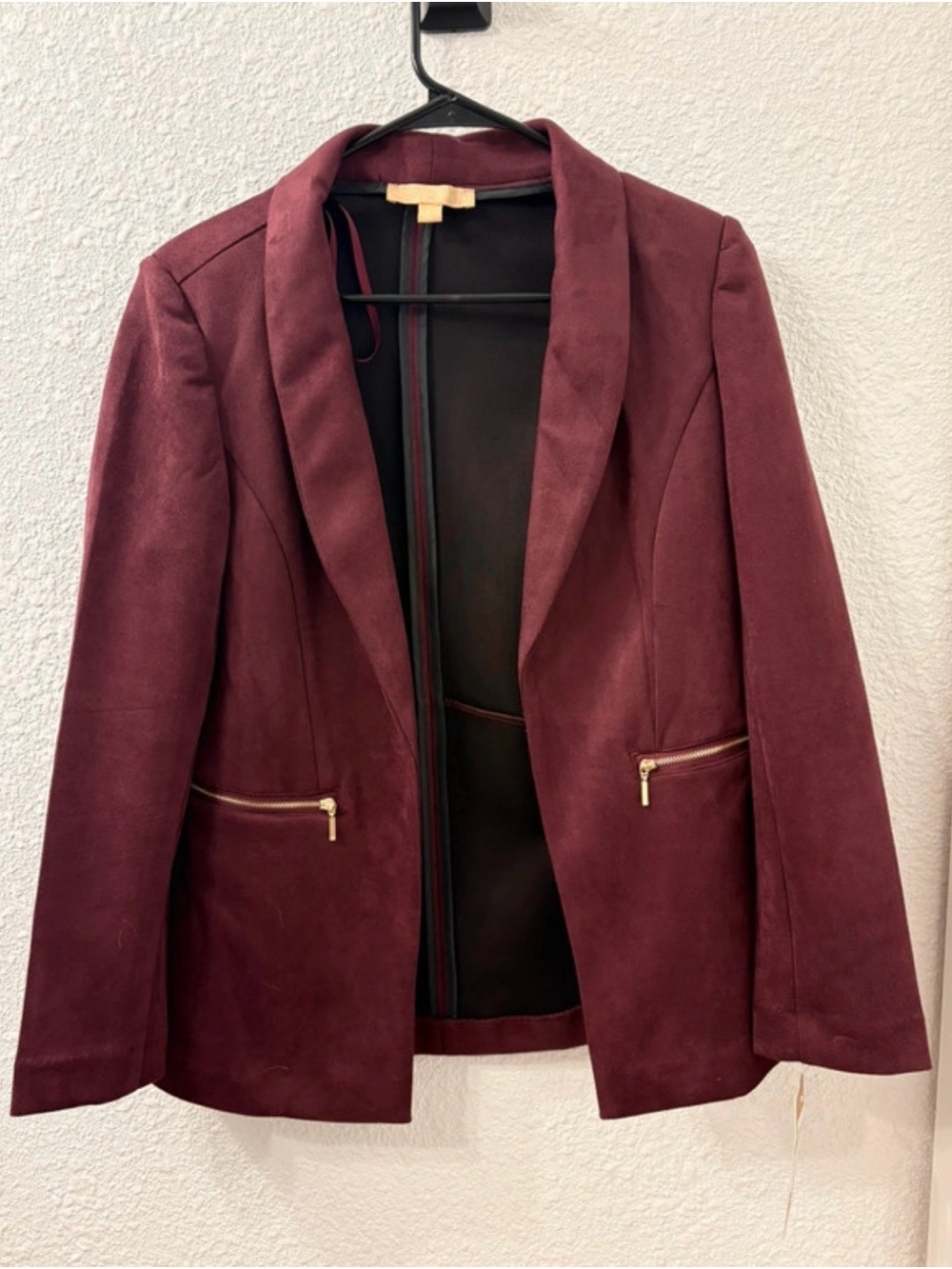 Women's Burgundy Open-Front Blazer with Gold Zipper Pockets
